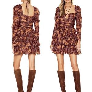 Game day dress Maroon Orange HOUSE of Harlow Puff Sleeves Tiered Dress NWT Small